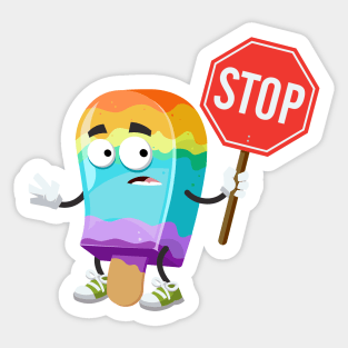 cartoon rainbow colors ice cream on a stick mascot with tablet stop in hand Sticker